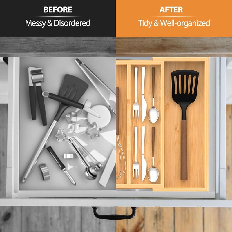 FoverOne Bamboo Expandable Kitchen Drawer Organizer, 13" to 23" Adjustable Utensils and Cutlery Tray, Wood Drawer Organizer for Silverware Flatware - Image 3